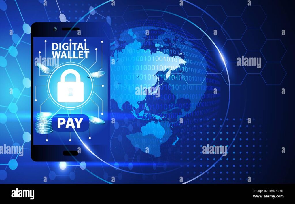 digital wallet on smartphone with secure payment icon and tech background ideal for fintech e commerce and cybersecurity 3anb2yn